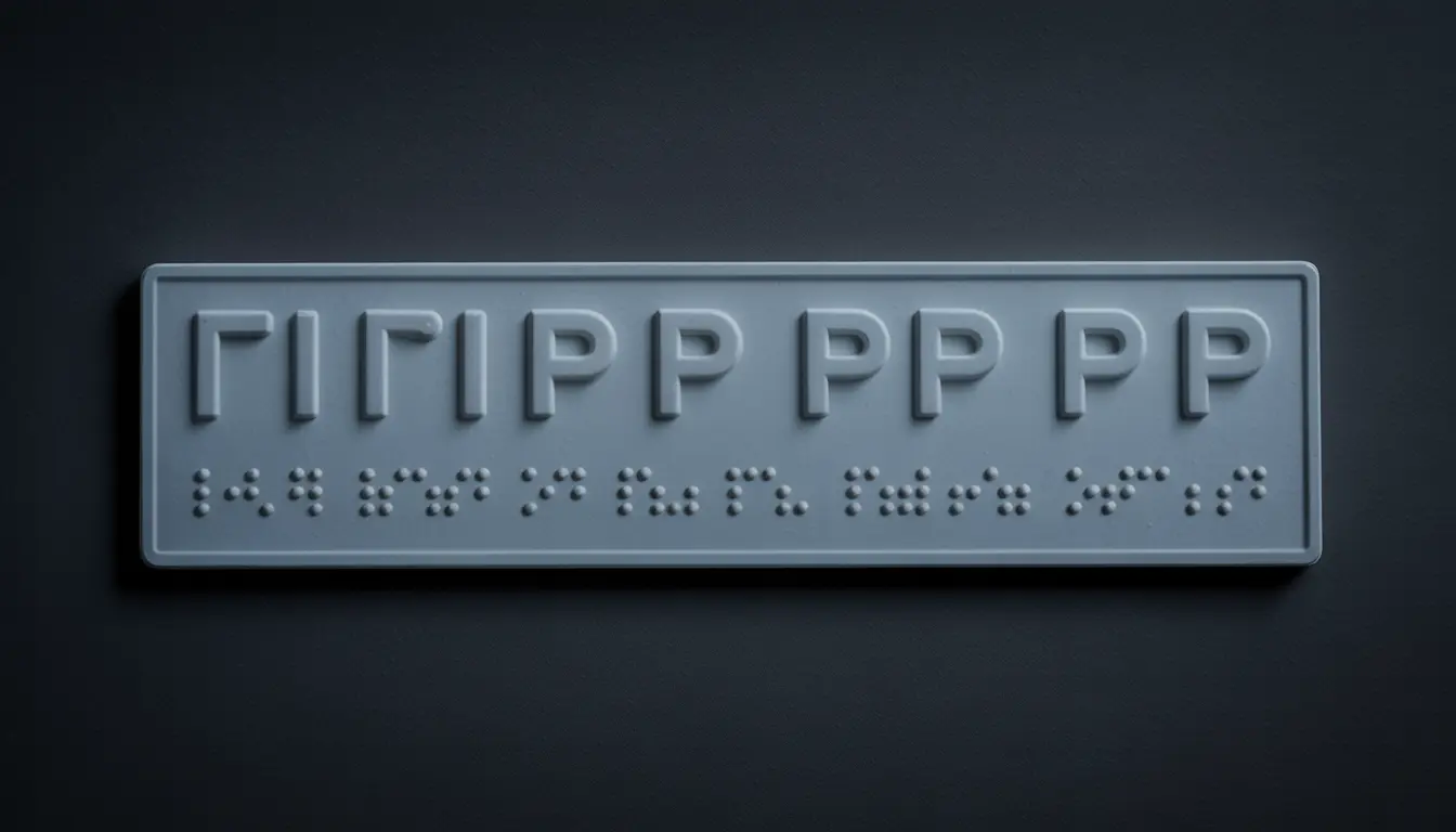 Close-up of an ADA-compliant tactile sign showing raised characters and Grade 2 Braille dots