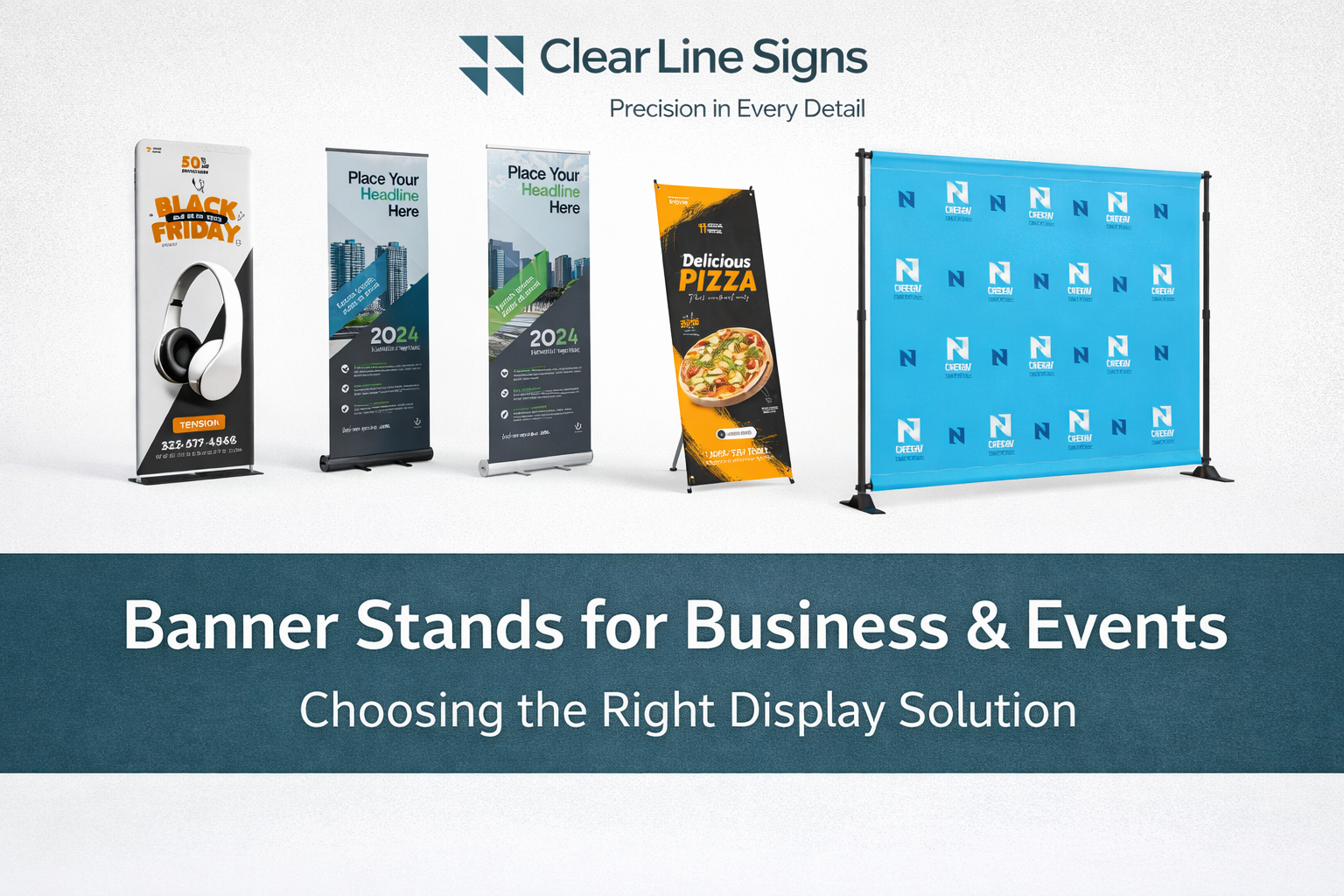 Banner stands for business and events including retractable, tension fabric, and tabletop displays