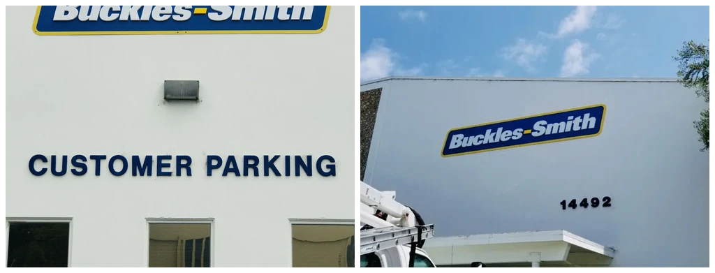 Buckles-Smith San Leandro facility signage — customer parking sign and exterior logo panel