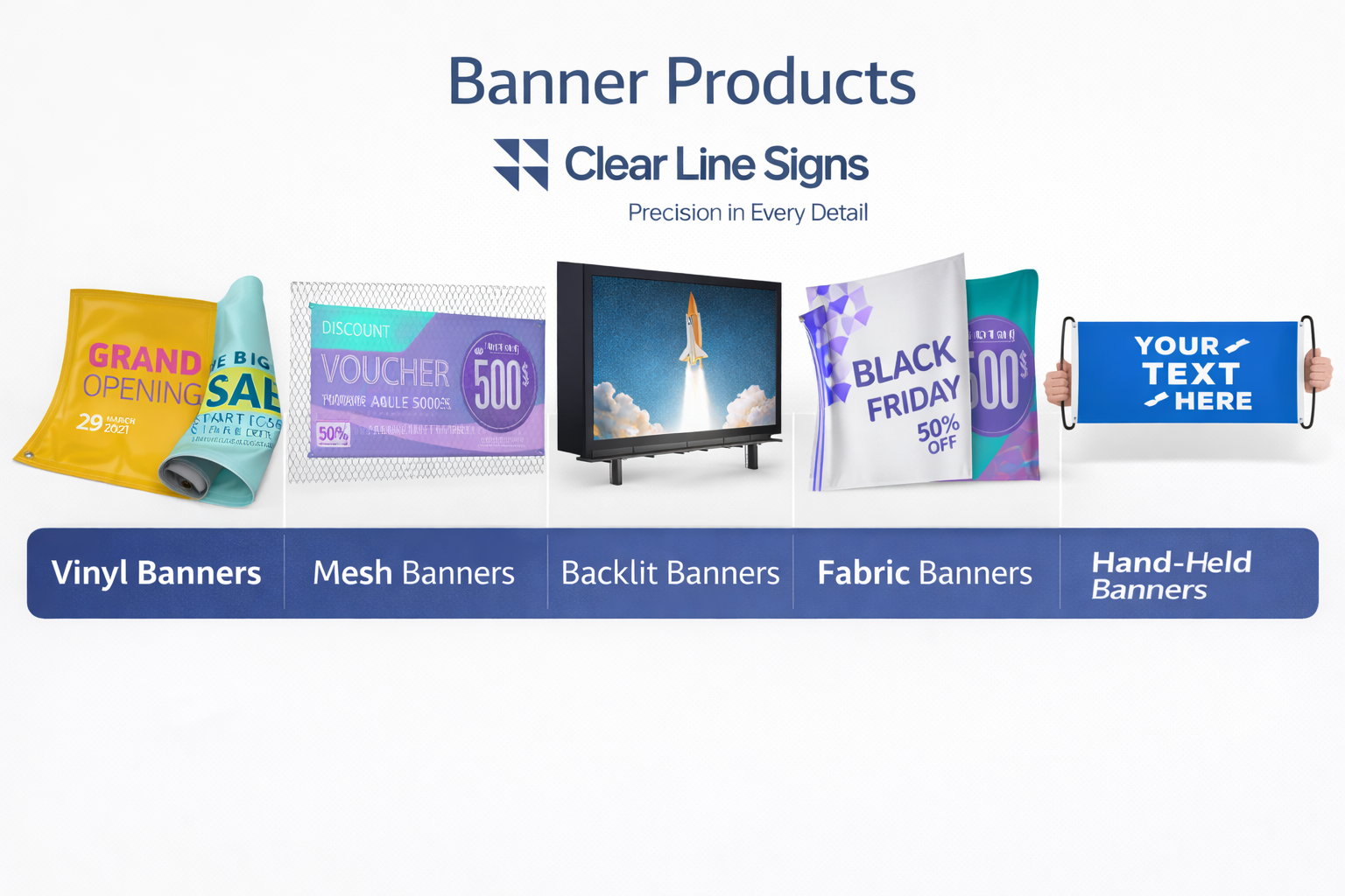 Banner products including vinyl, mesh, and fabric banners for business promotions