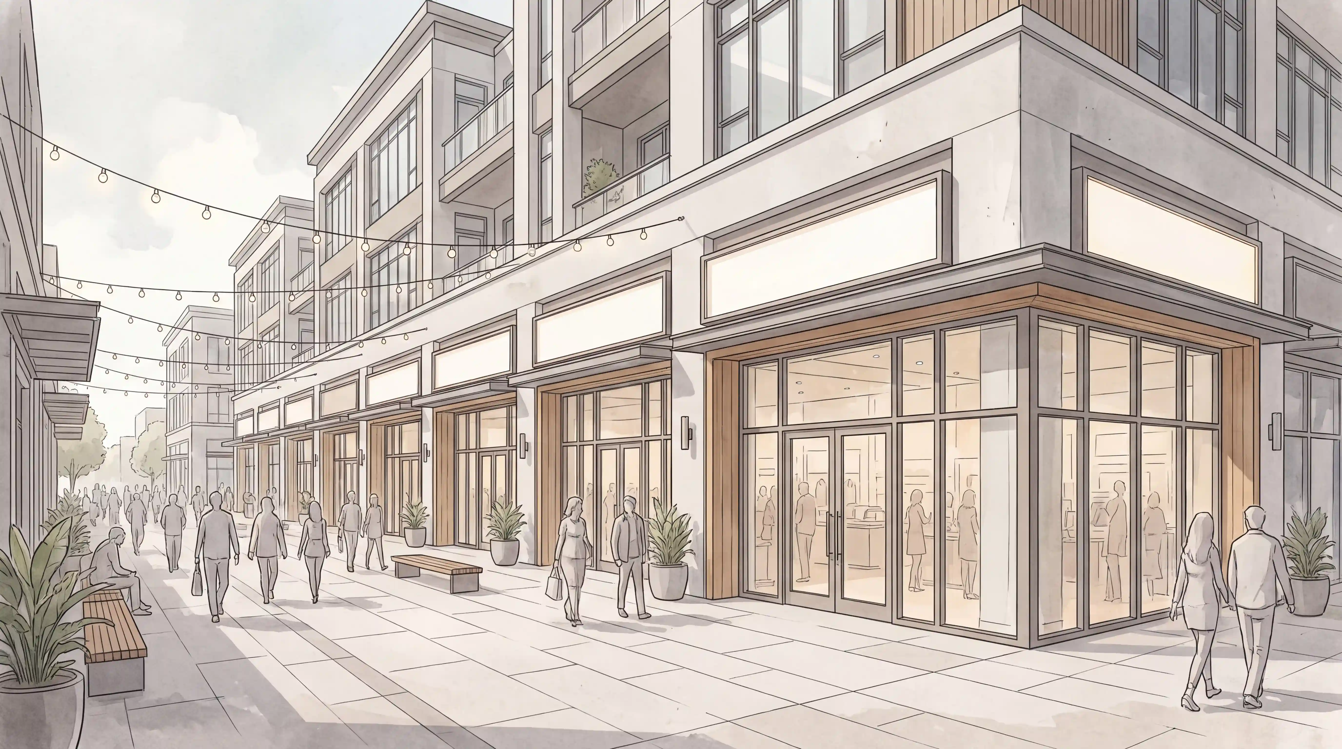Rendering-style view of a modern downtown San Jose mixed-use retail block with storefronts