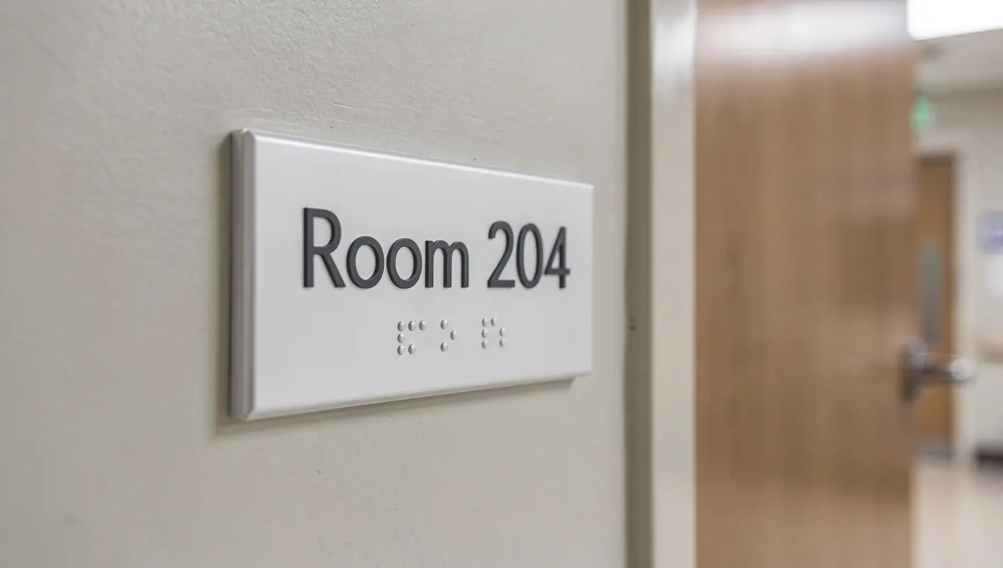 ADA-compliant hospital room identification sign with raised tactile characters and Grade 2 braille — Clear Line Signs
