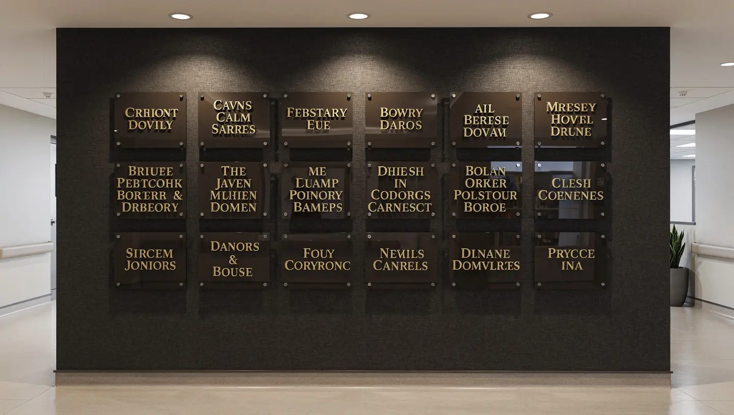 Hospital donor recognition wall with bronze acrylic plaques and gold lettering — Clear Line Signs San Jose