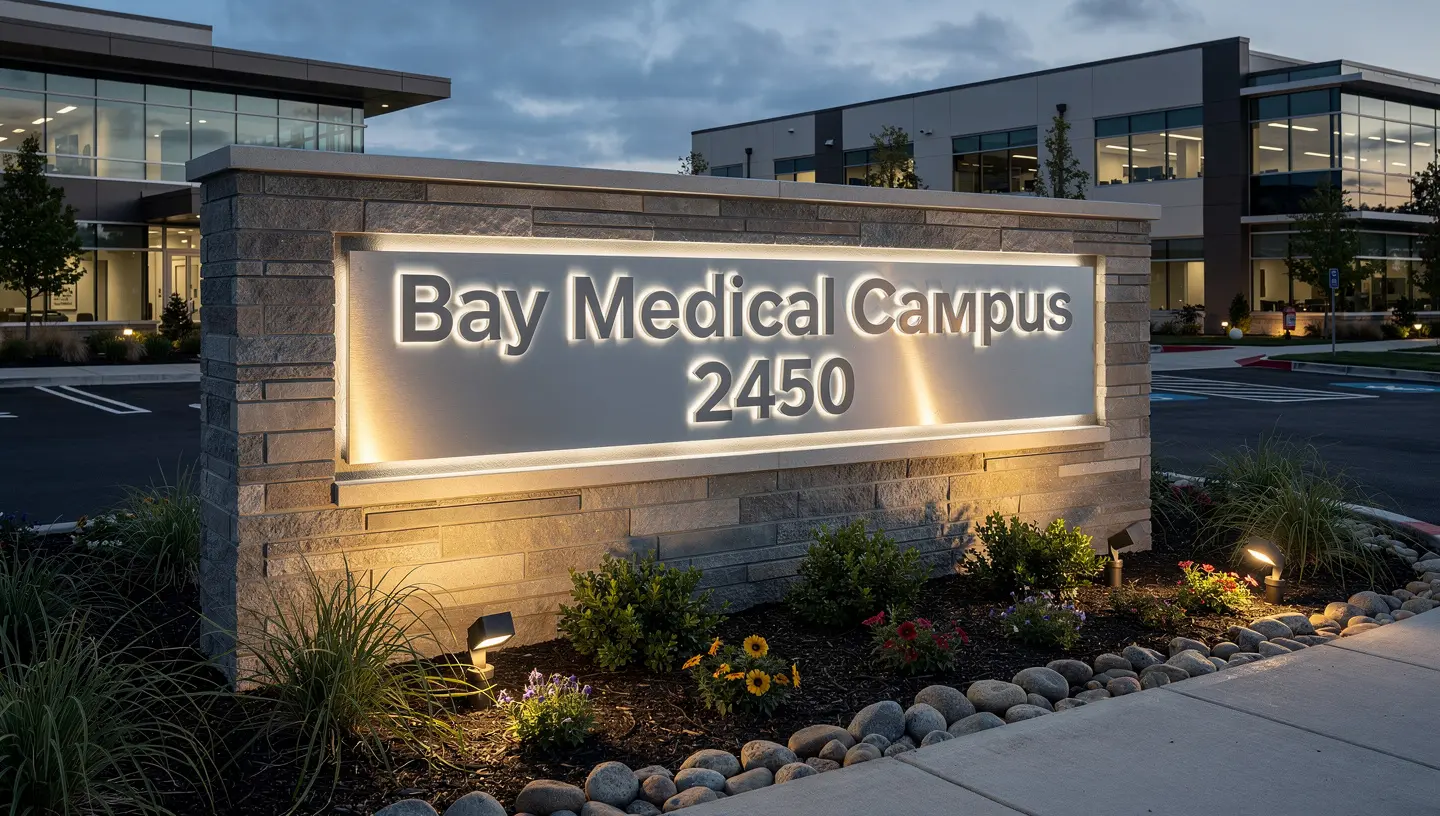 Illuminated medical campus monument sign at dusk with stone veneer base and landscaping — Clear Line Signs Bay Area
