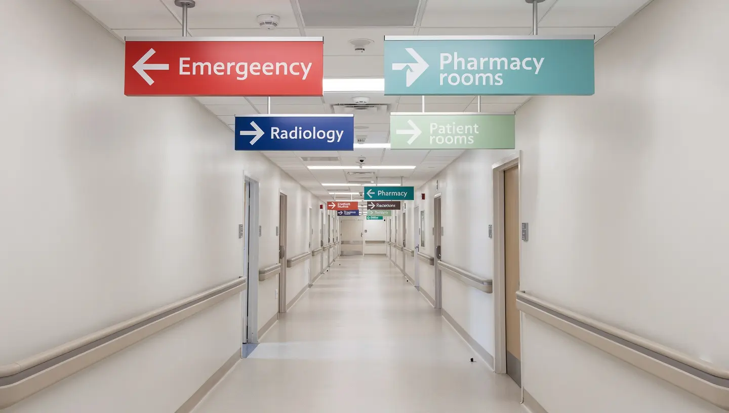 Color-coded hospital corridor wayfinding signs — Emergency, Radiology, Pharmacy, Patient Rooms — Clear Line Signs Bay Area