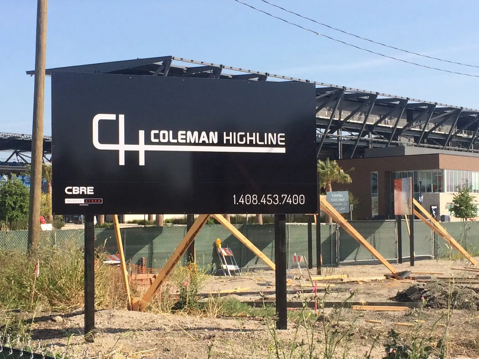 Coleman Highline black construction site billboard near SAP Center — Clear Line Signs San Jose