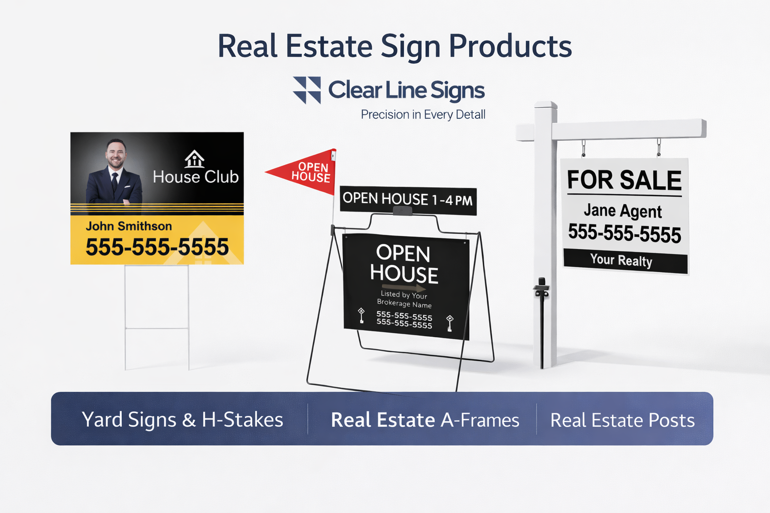 Real estate sign products such as yard signs, A-frames, and post-mounted signs for property listings