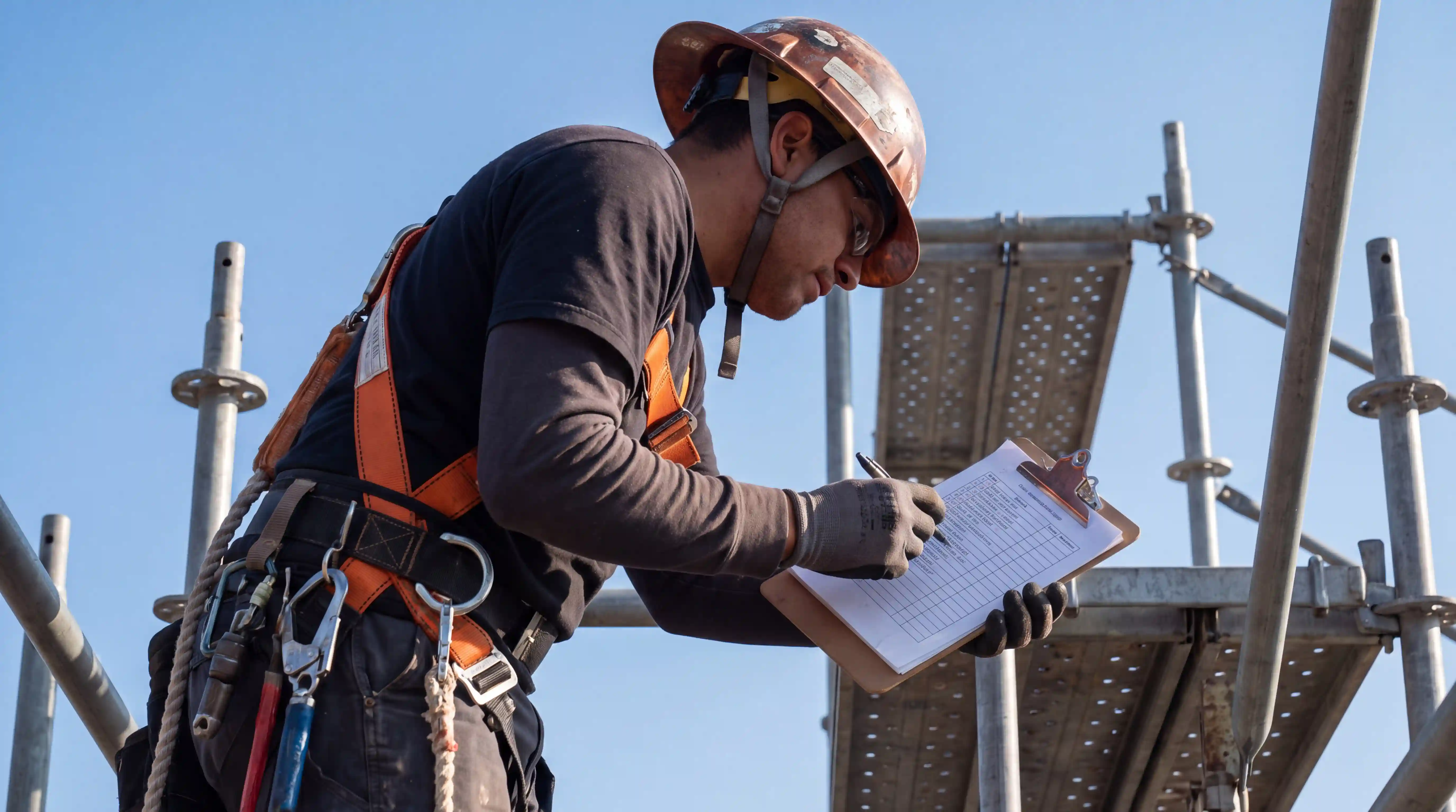 Scaffolding and elevated display installation with safety harnesses and fall protection