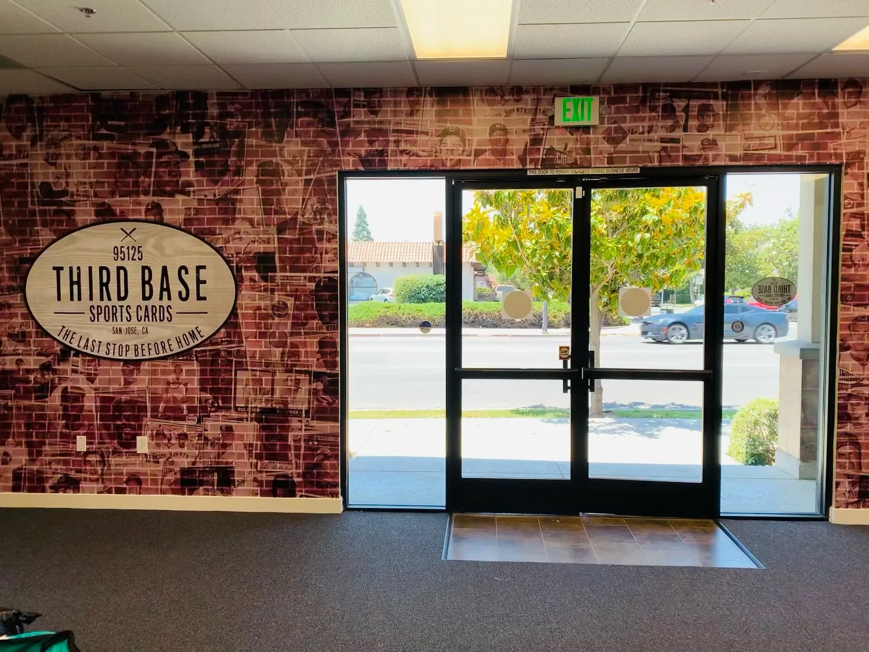 Vintage baseball card wall mural with dimensional oval logo — Third Base Sports Cards San Jose