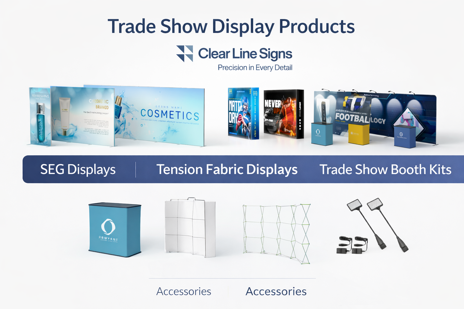 Trade show display products such as SEG displays, tension fabric backdrops, and modular booth kits