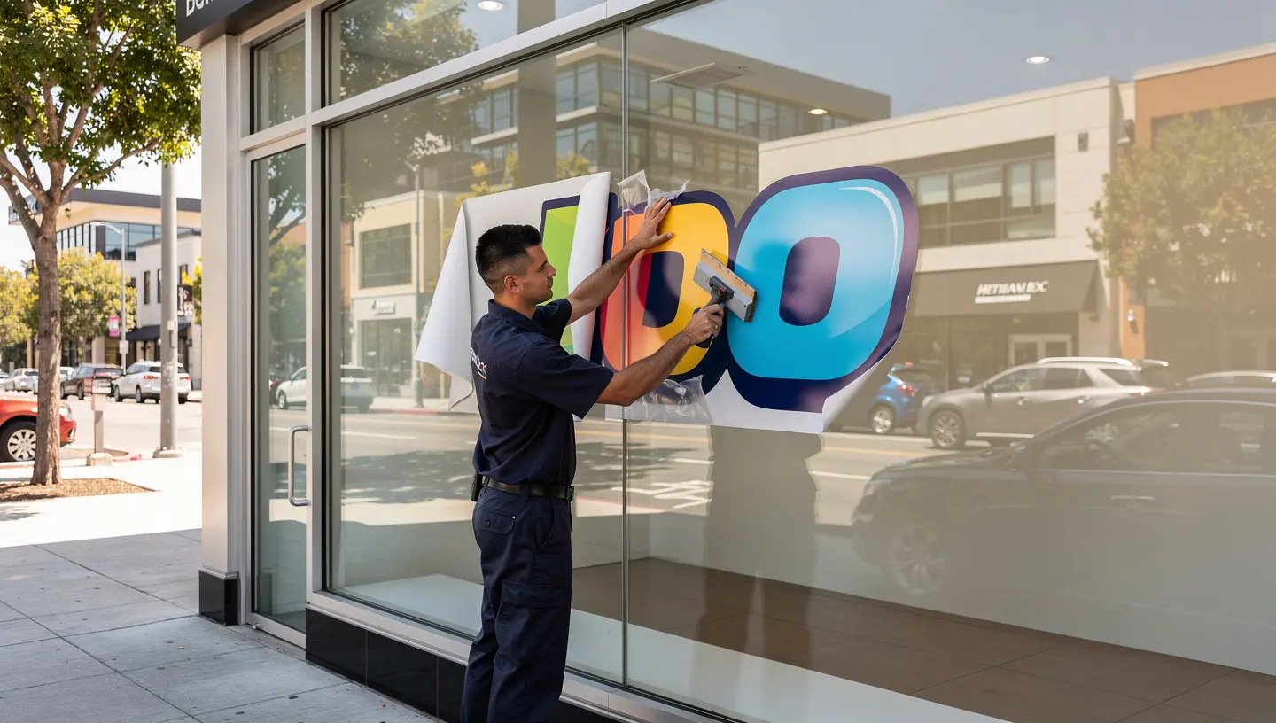 Vinyl window graphics being installed on a commercial storefront