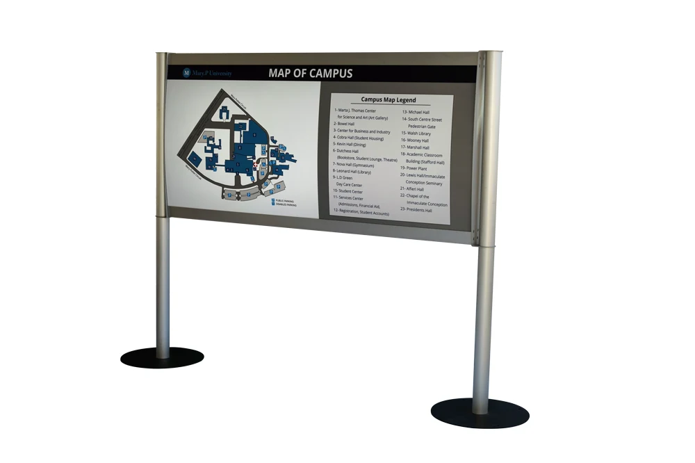 Large format exterior wayfinding signs on a Silicon Valley corporate campus pathway