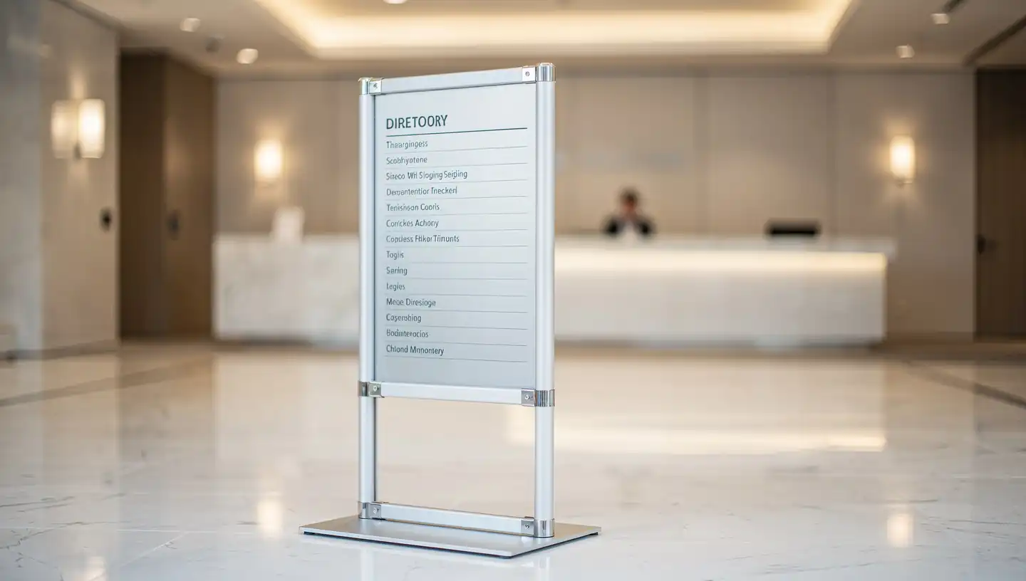 Freestanding lobby directory sign in a modern corporate building reception area