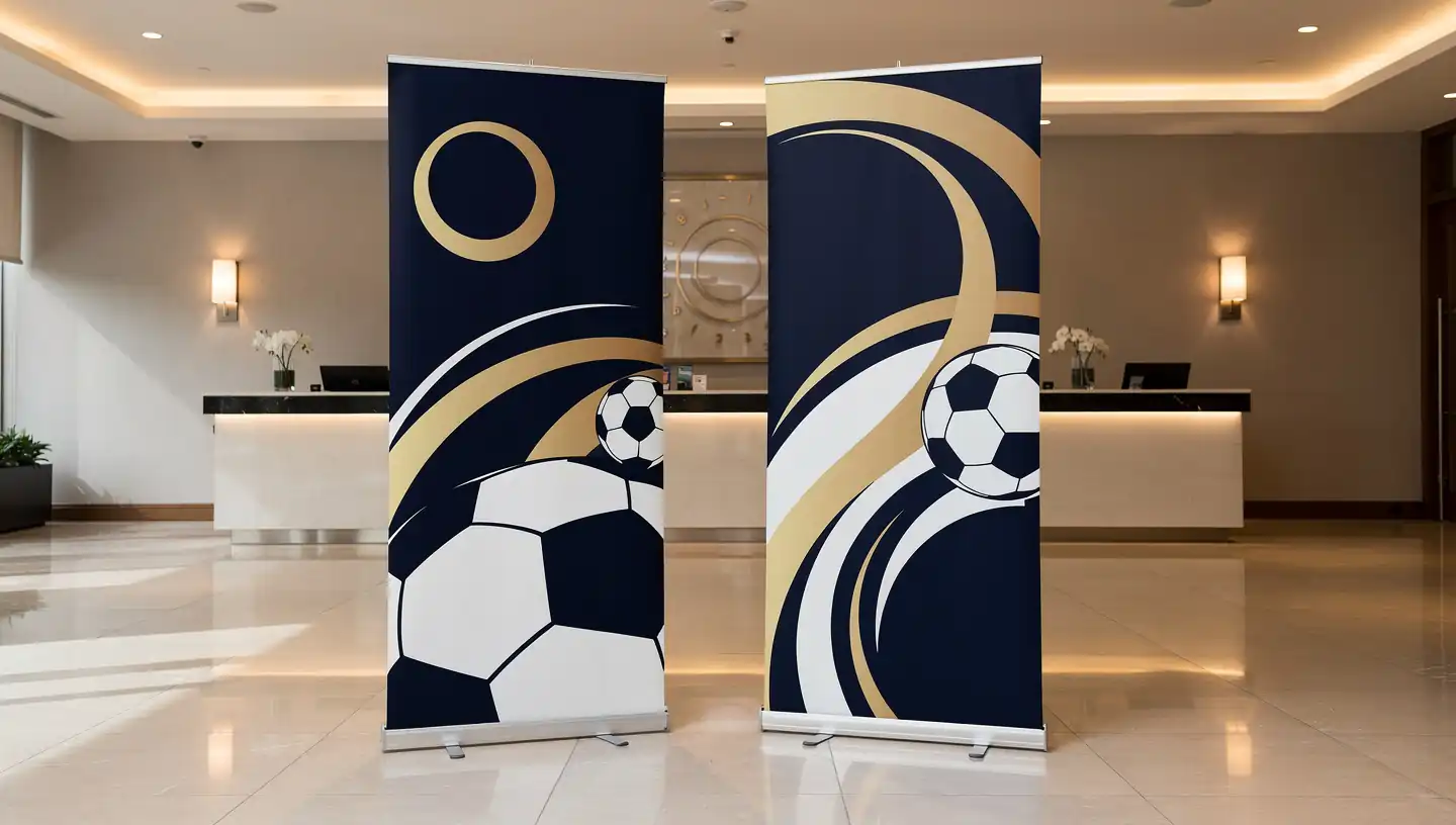 Retractable banner stands with soccer event graphics in a hotel lobby