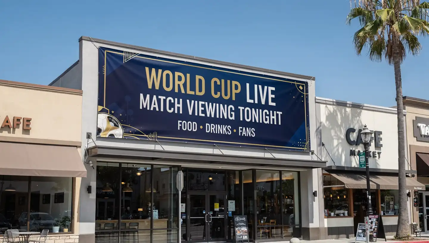 World Cup window graphics on a restaurant storefront in San Jose